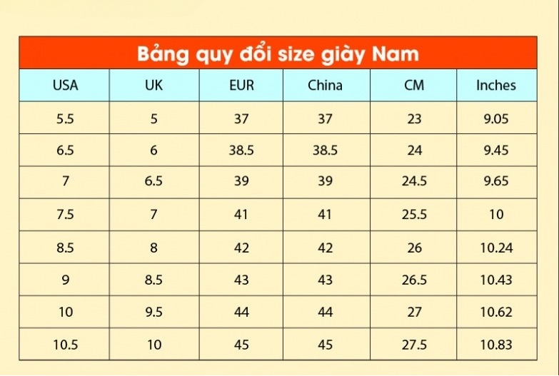 Bảng size giày quy đổi Trung Quốc của nam