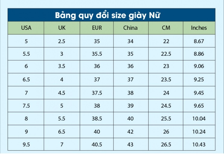 Bảng size giày quy đổi Trung Quốc của nữ