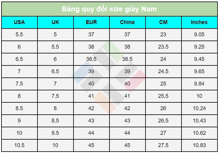 Bảng size giày cho Nam