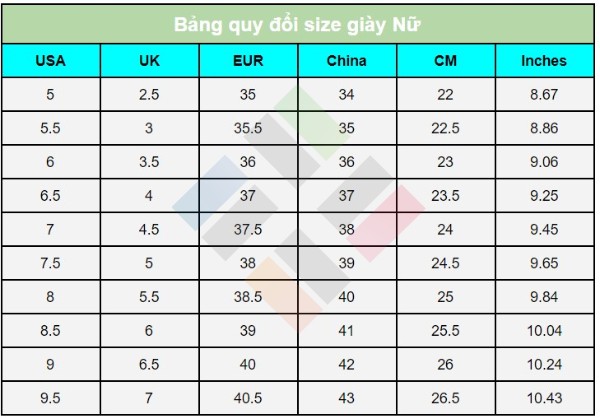 Bảng size giày Nữ